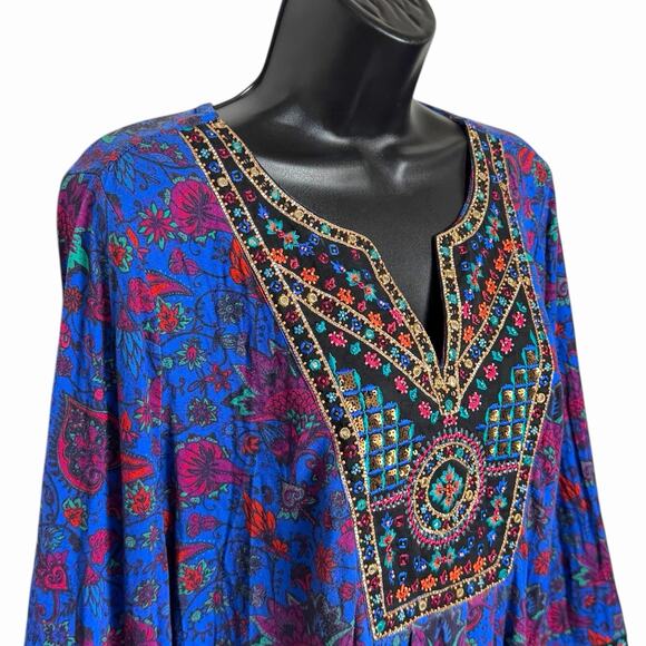 SOFT SURROUNDINGS TAMURI TUNIC TOP M BOHO VIBRANT MULTICOLOR BEADED EMBROIDERED - Picture 2 of 6